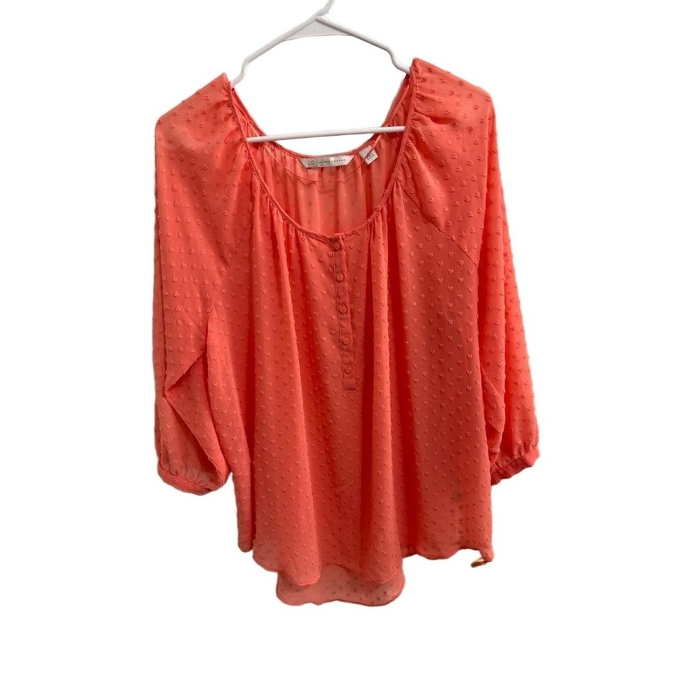 Lauren Conrad Blouse Women's L Coral‎ Haze Heart Swiss Dot Sheer Blouse Top